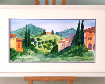 Toskana original Aquarell 40x20cm Italienische Landschaft, Poese, Landschaftsbild