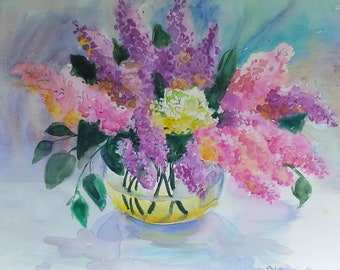 Violet Flowers artwork, watercolor painting Lilac flowers large painting