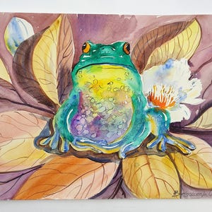 Oryginalna akwarela. Żaba siedząca na kwiecie magnolii. Grafika przedstawiająca zwierzęta (9 x 12 cali). zdjęcie 2