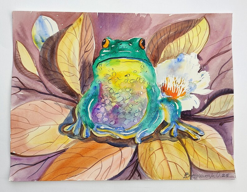 Oryginalna akwarela. Żaba siedząca na kwiecie magnolii. Grafika przedstawiająca zwierzęta (9 x 12 cali). zdjęcie 2