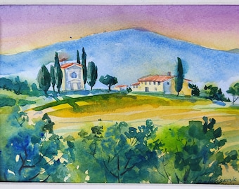 Tuscany original watercolor painting ACEO artwork Italy Landscape mini 8x6" one of a kind Cypressen painting