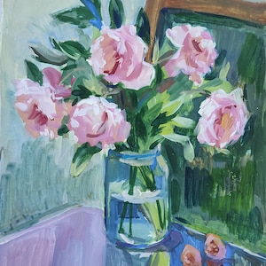 Peonies Original Gouache painting Still life picture antique art home decor wall hanging impressionist vintage art