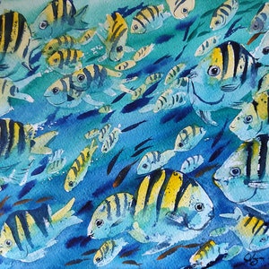 Colorful Watercolor painting, 12 x 9&quot; Fish coral reef fishes, living room art, signed original painting, home wall art, contemporary