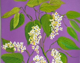 Mother's Day gift blooming bird cherry flowers gouache painting nursery art original painting 12 x 16" artwork