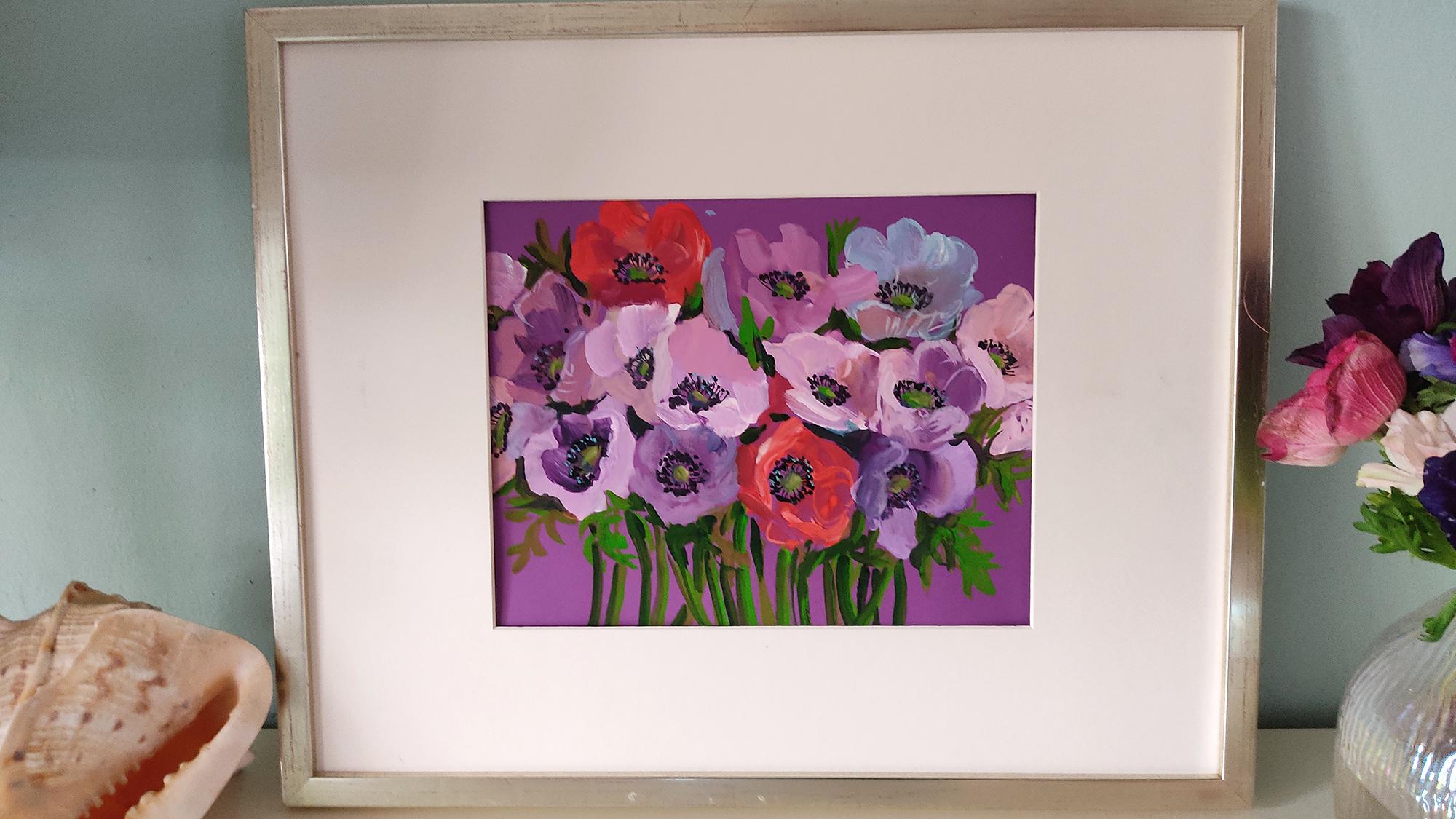 Original Anemone Gouache Painting, Floral Wall Art, 14x10