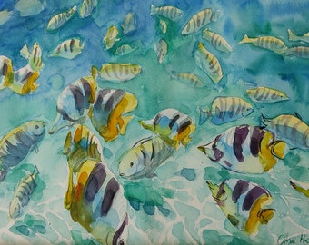 Blå korallrevfisk, original akvarellmålning (12x9)