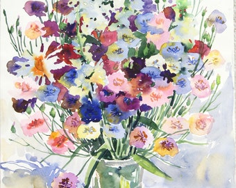 May include: A watercolor painting of a bouquet of colorful wildflowers in a clear glass vase. The flowers are arranged in a loose, natural style and include shades of pink, purple, blue, yellow, and white.