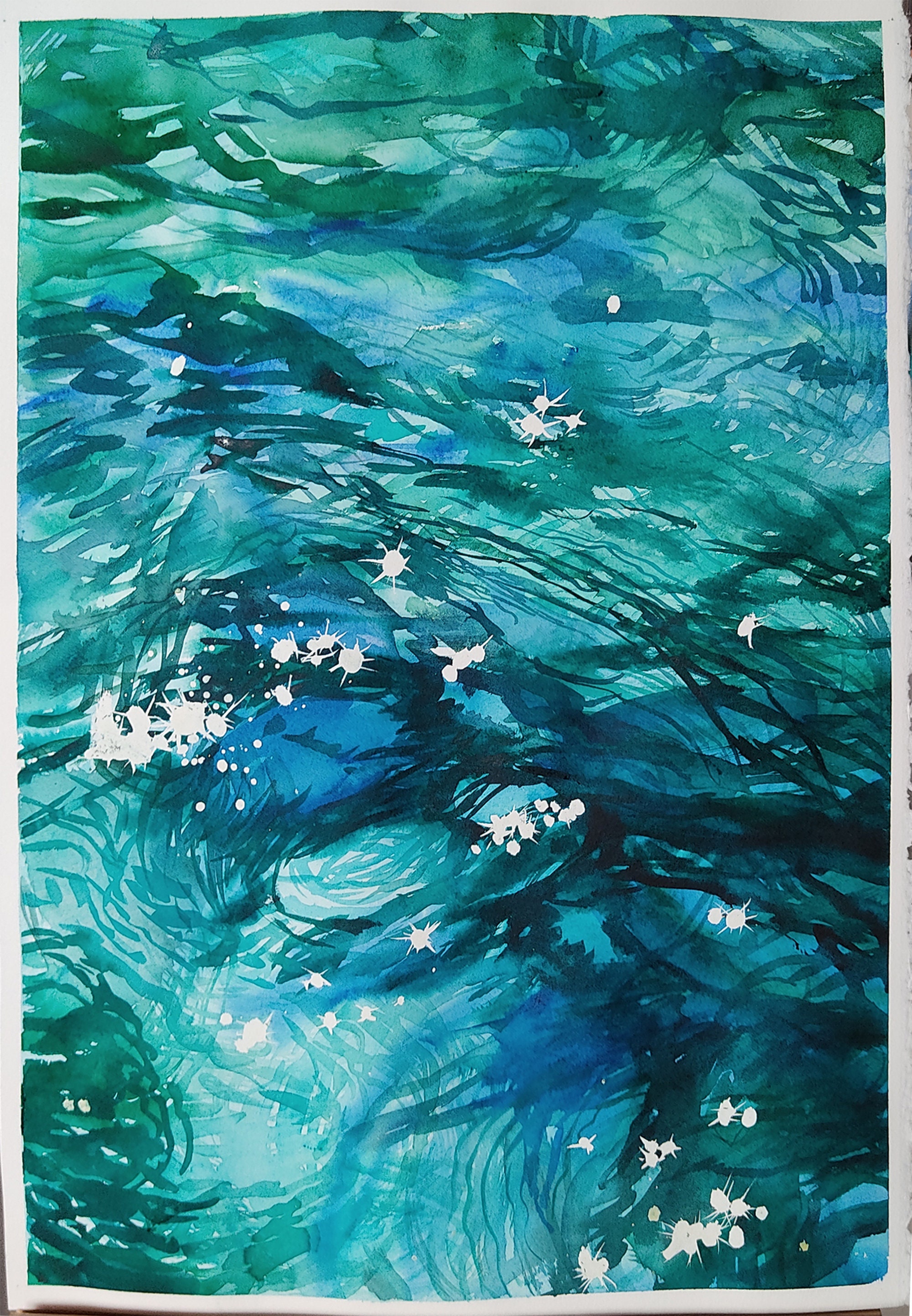 絵画 水彩画 水面水彩画 反射絵画 オリジナルアートワーク 大判 22 x 18インチ