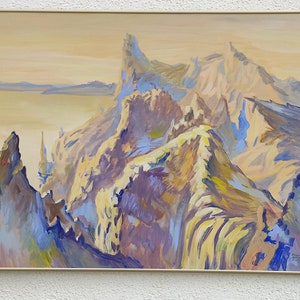 montañas azules en el mar gran gouache sobre papel 39x28in vintage pintura a mano arte de pared