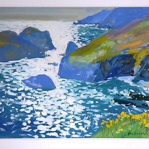 Original Seascape Gouache Painting: Coastal Ocean Art, 16x12&quot;