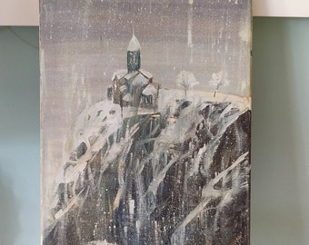 Winter mountain landscape, Vintage Oil Painting on canvas, artwork, Mountain painting, hand-painted, classical living room art