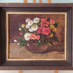 Still life with red white flowers Original Oil painting, vintage antique painting framed, classical art