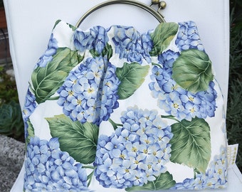 Blue Hydrangea lindo bolso con cordón, bolso de mano de flores, bonito bolso de mujer vintage