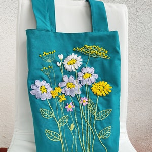 Tote Bag with Flowers hand Embroidery, hand-embroidered bag made of turquoise fabric has long handles, Linen Market Durable Shoulder Bag