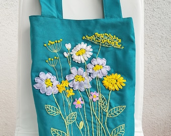Hand Embroidered Floral Tote Bag, Turquoise Cotton Shoulder Bag