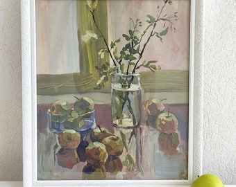 antique gouache painting still life with apples and willow branches framed