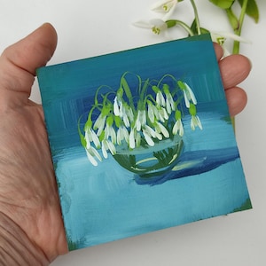 Snowdrops ACEO belle arti originale fiori primaverili dipinto 4x4" arredamento casa dipinti a guazzo contemporanei illustrazione floreale artista ucraino