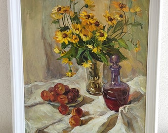 Antique oil classical painting Original Framed, still-life apricots, carafe with wine, flowers