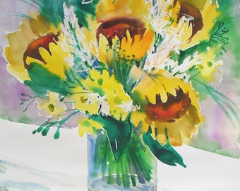 Original Sonnenblume Aquarell Gemälde, Blumenstrauß Kunstwerk (17.6x23.6)