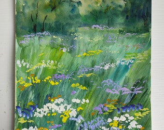 summer flowering meadow watercolour painting artwork Living room art, Floral wall art mixed technique