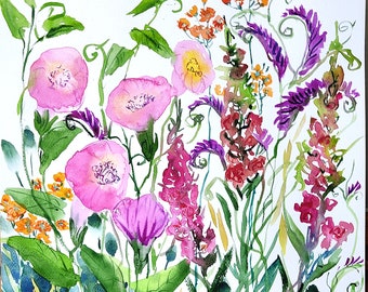 Aquarell original Blumen Malerei Unikat Wand Kunst Geschenk Blume Illustration botanische Kunst 15x 12" Wildkräuter