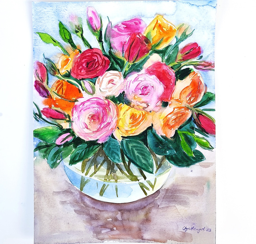 Colorful Roses Original Watercolor Painting, Pink Red Flowers Wall Art ...