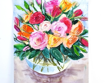 Pink Roses watercolour original painting art nursery art classical painting 16 x 12&quot; Botanical illustration Garden living room decor
