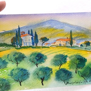 Tuscany watercolour ACEO Italy hand painted mini painting 5x7" Artwork, Italy Landscape, one of kind free shipping