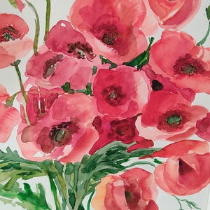 Poppy Original Watercolor Painting art nursery vintage classical painting 12x 16 inc red color flowers artwork mom gift wall art decor