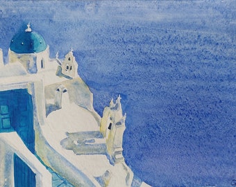 Santorini Watercolor Painting, Original Greek Island Art (18x10)
