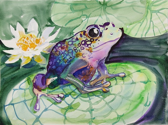 Watercolour Frog Original Painting Art Home Decor Artwork 12 X 9