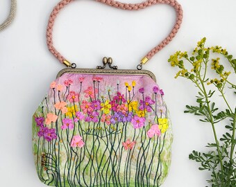 Hand Embroidered Floral Kiss Lock Purse, Silk Ribbon Clutch