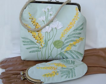 Hand Embroidered Mimosa Flowers Purse, Vintage Kiss Lock Bag, and Eyeglass Case