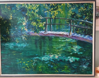 Original Oil painting of canvas Framed art garden of Claude Monet's garden with water lilies wall art home decor painting impressionism