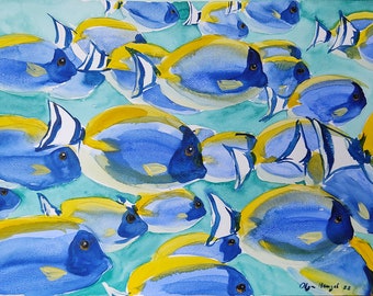 Blue Tang original Aquarell Malerei Korallenriff bunte tropische Fische unter Wasser Wandbild