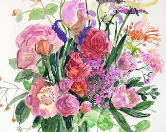 flower bouquet large watercolor 23x17&quot; original painting floral art nursery art classical painting Botanical illustration Italian Garden
