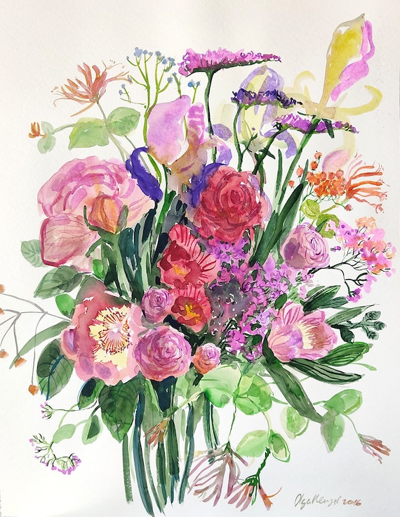 花束 大きな水彩画 23x17