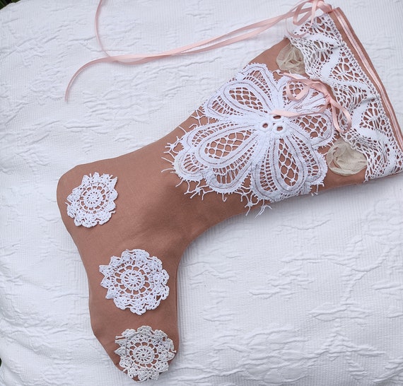 Vintage Lace Shabby Chic Christmas Stocking, White Lace Antique