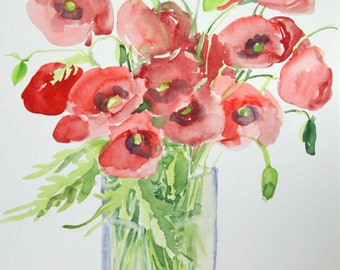 Red Poppies Painting, aquarelle originale, 16 X 12" art mural coquelicots rouges, cadeaux floraux pour l’art mural femme suspendu