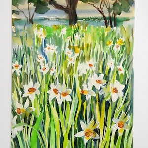 Garden of daffodils original painting watercolour meadow of flowers wall art home decor painting garden painting impressionism