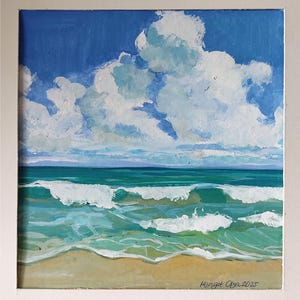 Wave original Gouache painting, Turquoise Sea Landscape, artwork, square ocean hand painting