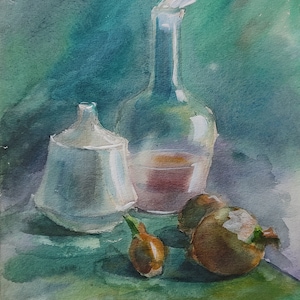 Vintage Kunstwerk Türkis Stillleben Aquarell original 90er Jahre Küche Deko Geschenk für Mama