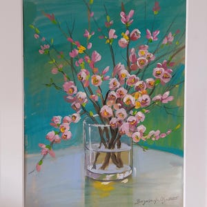 Quince flowers Original gouache painting 12x16inc fine art home decor wall hanging expressionist art Ukrainian artist hand made spring