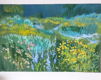 May include: An original acrylic painting of a meadow with wildflowers. The artwork features a vibrant mix of yellow, blue, white, and pink flowers set against a green and blue background. The artist's signature and the year 2025 are visible in the bottom right corner.