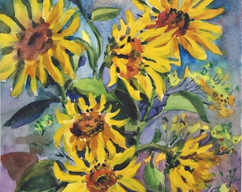 Sunflowers painting Original Watercolor art 12 x16 in Botanical floral watercolor flowers antique fine art Ukrainian artist hand paint