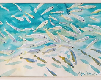 Turquoise Watercolor painting, fish ocean painting by Ukrainian artist 11x8"