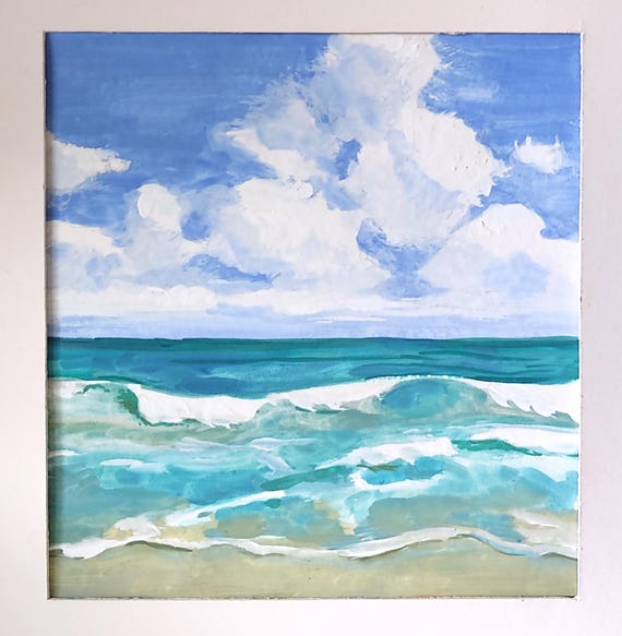 海景、オリジナルのサイン入り美術絵画、波の風景、グアッシュで手描き