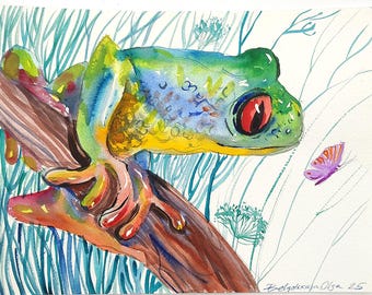 Pintura de acuarela de rana, obra de arte animal original, rana arborícola verde, arte de pared, rana y mariposa, pieza única en su tipo, decoración artística para niños de 12 x 9 pulgadas