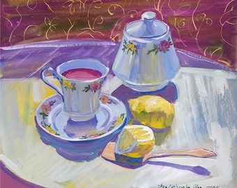 Gouache painting still life with cup and lemon artwork kitchen art decor