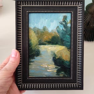 Pintura al óleo original de ACEO, paisaje con río, obra de arte fina, pintura a mano vintage única, decoración de arte de pared enmarcada, antigüedad de los años 90, envío gratis